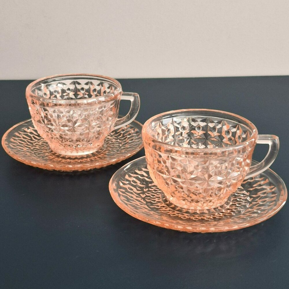 Vintage Jeannette 1940-60s Holiday Pink Glass Cup & Saucer 2 Sets, Pretty Dishes